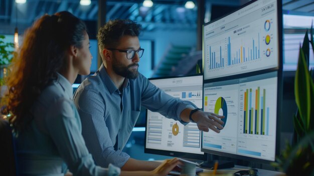 a man and a woman are working on a computer with a graph graph on the top