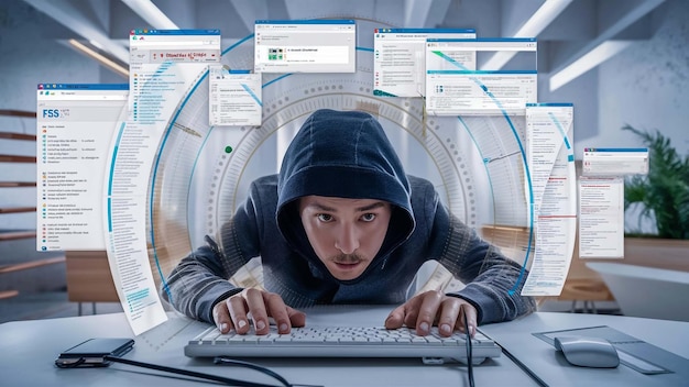 a man is looking at a computer screen with a man wearing a hoodie