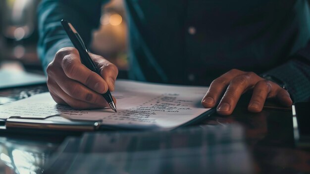 a man is writing on a piece of paper with a pen