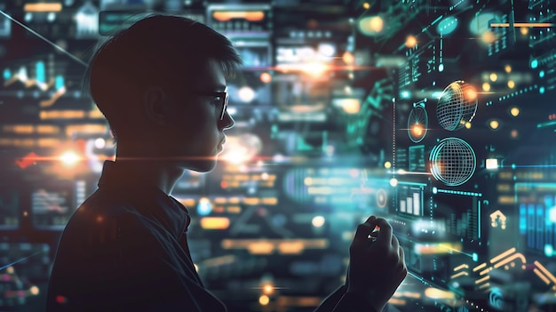 a man looking at a computer screen with a man looking at a monitor with the words quot test quot on