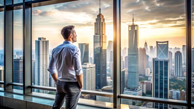 a man looking out a window with the city behind him