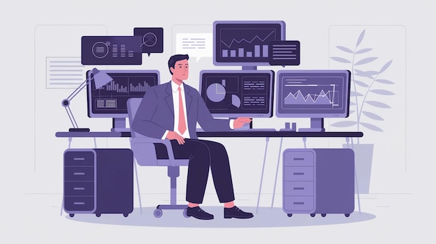 a man sits at a desk in front of a computer with a graph on the top