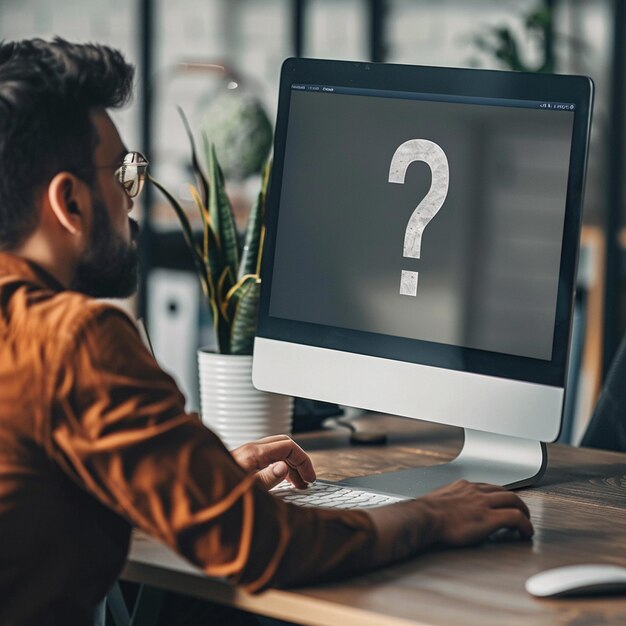 a man sits at a desk with a computer monitor and question mark on it