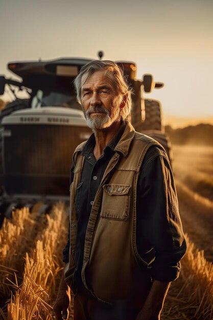 A man standing in a field next to a tractor AI generative image