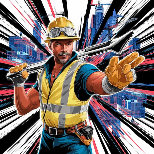 a man wearing a yellow helmet and gloves holds a knife in his hand