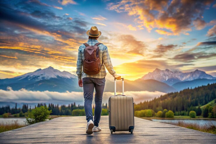 a man with a backpack walks down a road with a suitcase