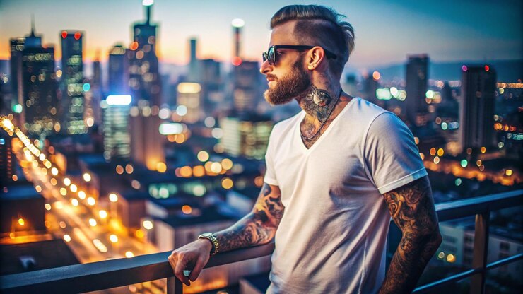 a man with tattoos on his arms stands on a balcony overlooking a city