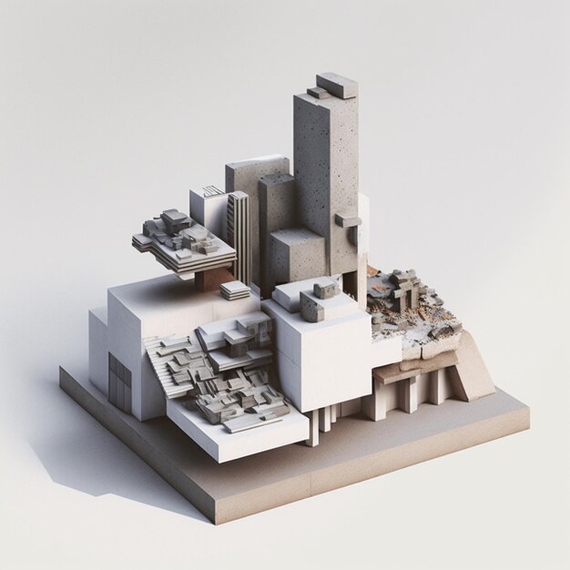 A model of a building with a white structure and a small building with a large window.