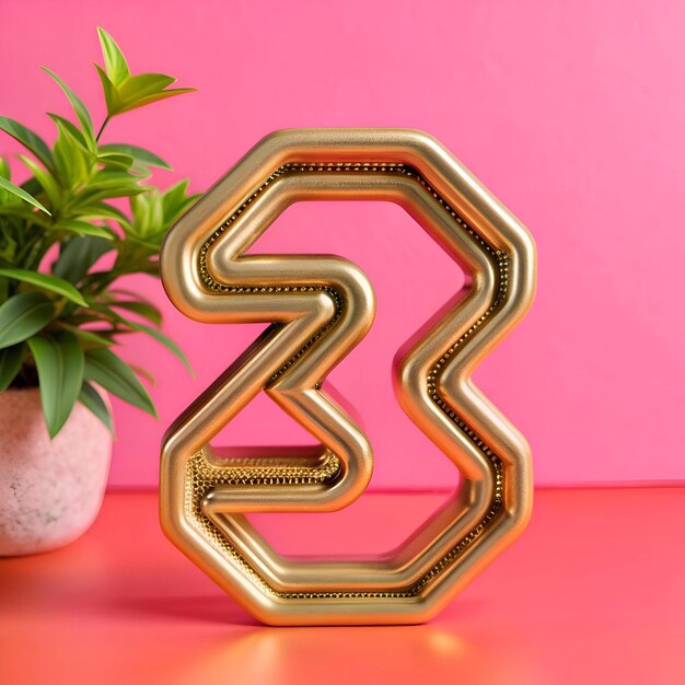 A modern geometric 3D rendering of the number three in gold