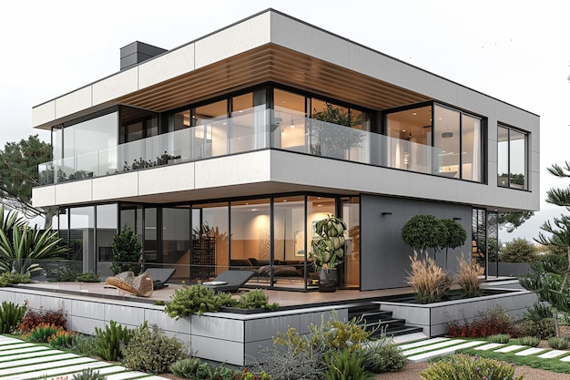 a modern house with a garden and stairs
