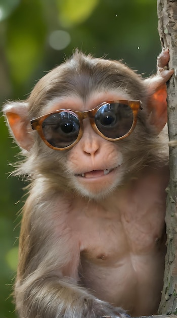 a monkey with sunglasses on leaning on a tree trunk
