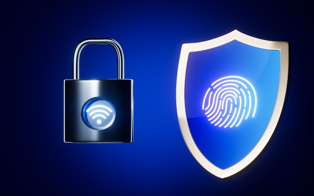 A padlock with wifi icon and a shield with fingerprint icon 3d rendering