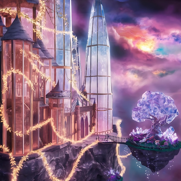 a painting of a castle with a tree in the middle of it