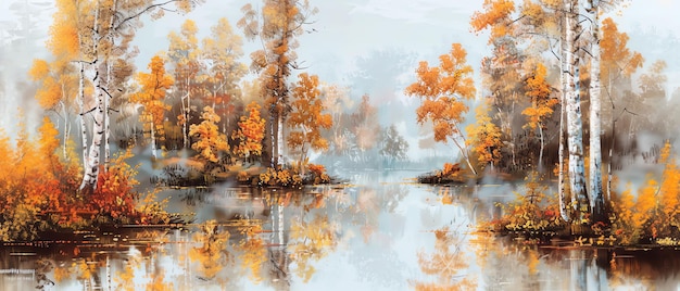 a painting of a forest with a lake in the background