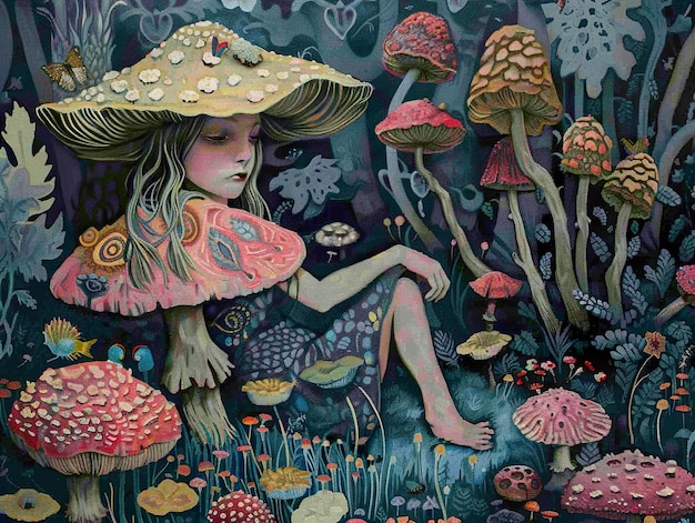 a painting of a girl with a hat and mushrooms