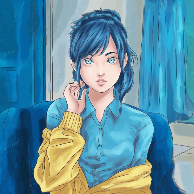 a painting of a girl with a yellow shirt that says quot she is sitting on a blue couch quot