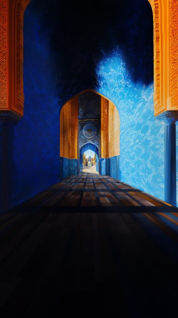a painting of a mosque with a blue background with a picture of a statue in the middle