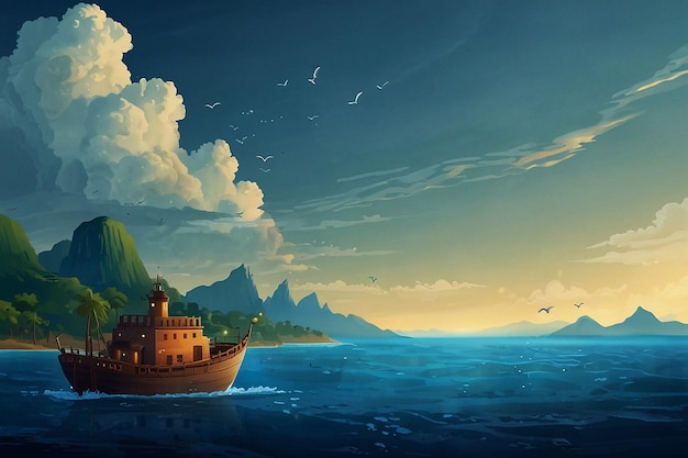 a painting of a ship in the ocean with a mountain in the background