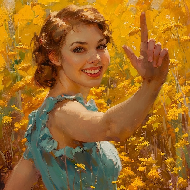 a painting of a woman in a field of yellow flowers
