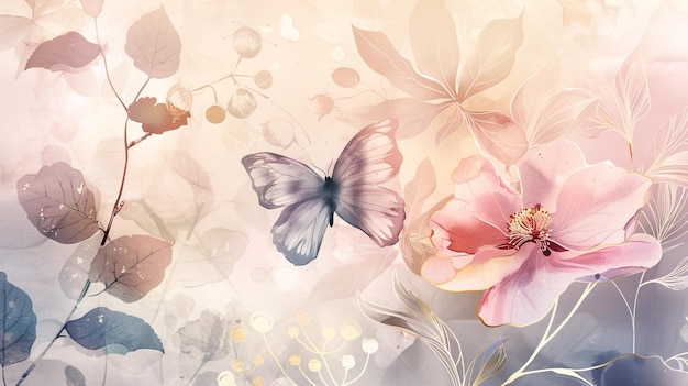 a painting of flowers and butterflies with butterflies
