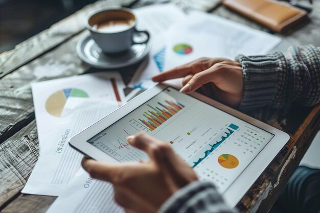 a person is using a tablet with a graph on it