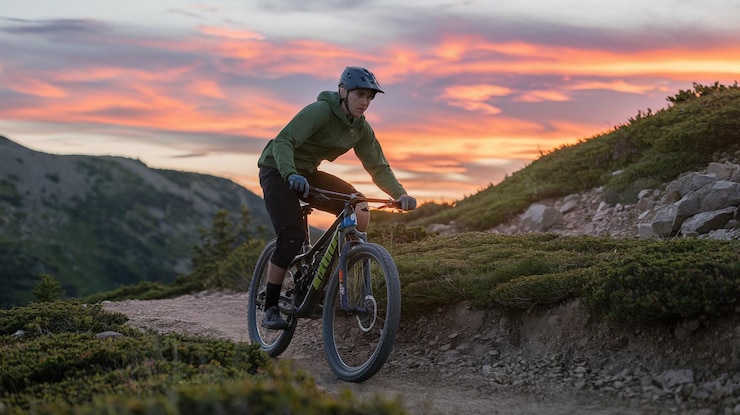Foto a person riding a mountain bike with a sunset in the background
