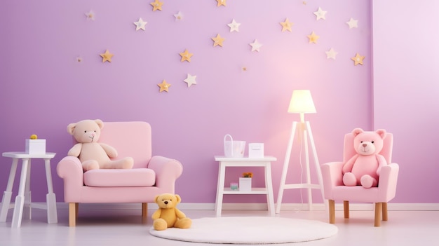A pink couch and a teddy bear in a room with a white round rug and a lamp