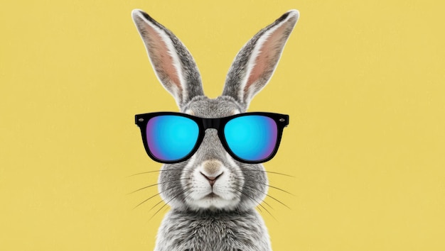 a playful cartoon rabbit in sunglasses against a bright yellow background
