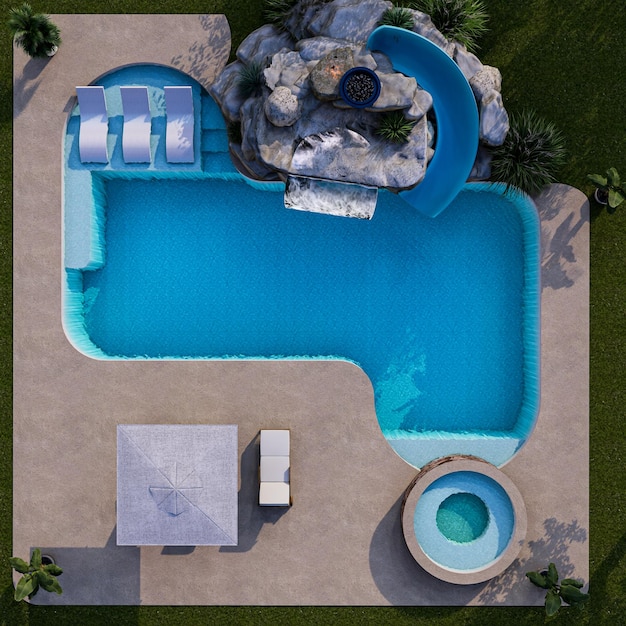 a pool with a blue pool and a man sitting on a chair
