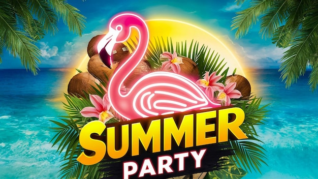 a poster for summer party with palm trees and a flamingo