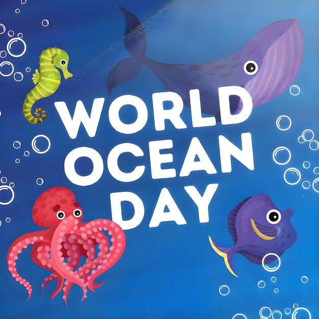 a poster for the world ocean day with sea creatures and octopus