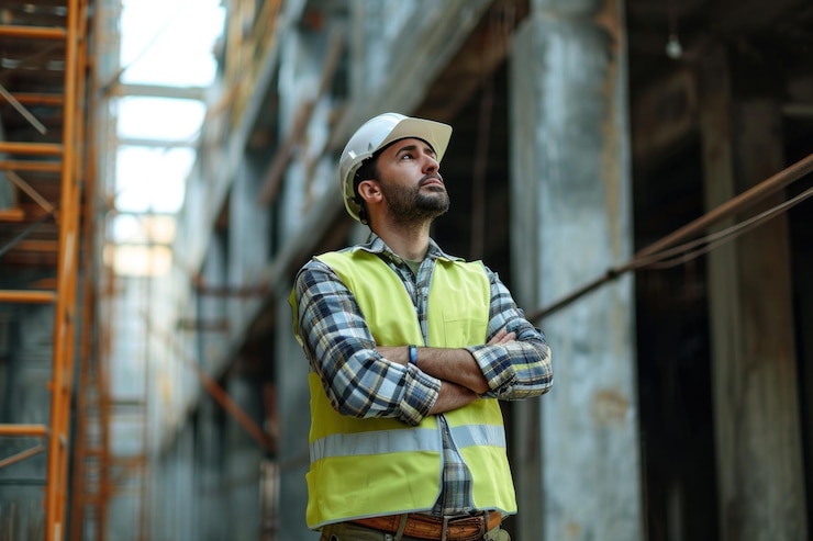 Foto a professional architect engineer wearing protective helmet and standing looking at house construction site