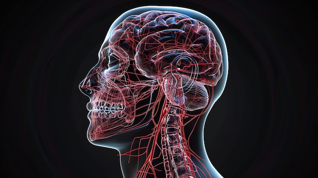 a red skeleton with the neck labeled with the lower jaw and neck