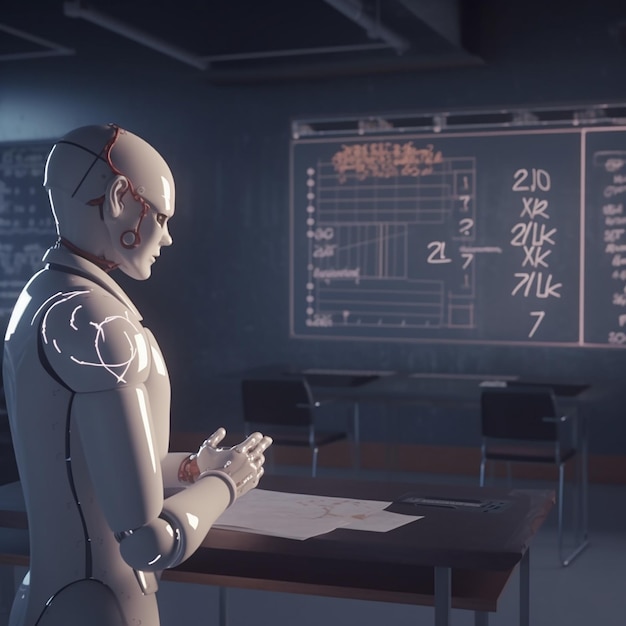 A robot sits at a desk in a classroom with a chalkboard that says'robot '