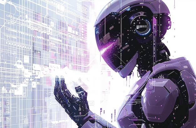 a robot with a purple head and the word robot on the left