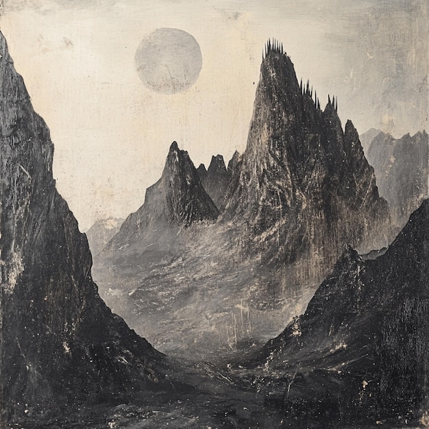 a rough mountain scene with spiked tops