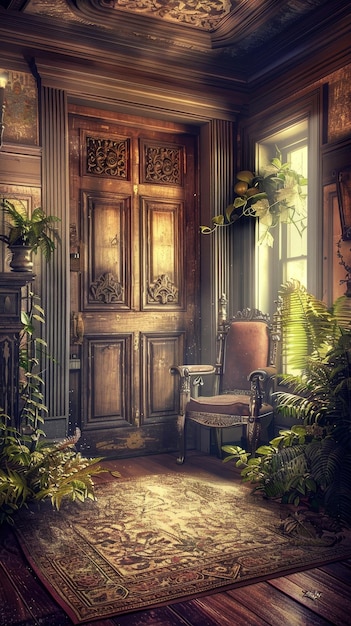 A rustic room filled with plants and warm light streaming throug