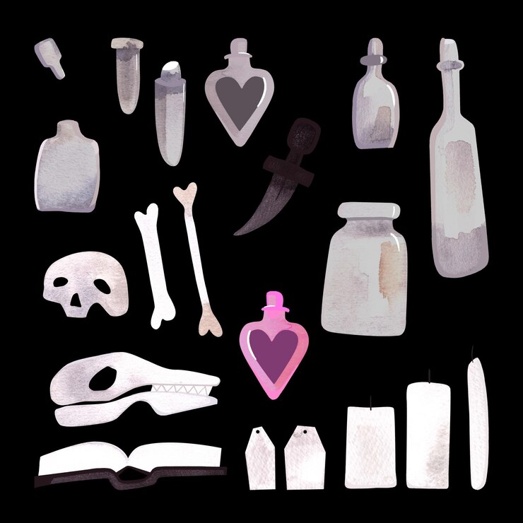 Foto a set of items for witchcraft rituals halloween decor watercolor isolated hand drawn illustration