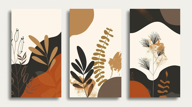 A set of three abstract botanical art panels in a warm earthy color palette with floral and leaf designs