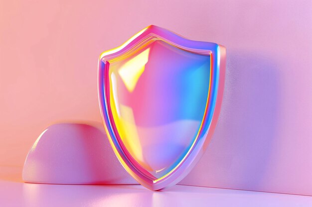 a shield with a colorful reflection on itGlossy shield 3D rendering 3D shield protection icon