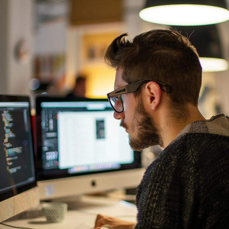 Foto a site expert coding a responsive site design with html and css
