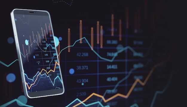 A smartphone displaying financial charts illustrating a concept of mobile trading or market analysis on a dark background 3D Rendering