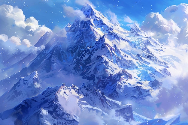 a snowy mountain with clouds