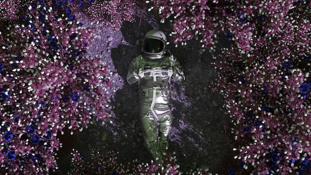 a spacefarer stands amidst a sea of alien flowers a stunning d portrayal of cosmic exploration and