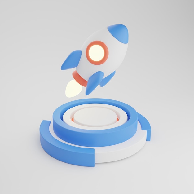 A spaceship rocket isolated on a stage Startup space business concept 3D illustration