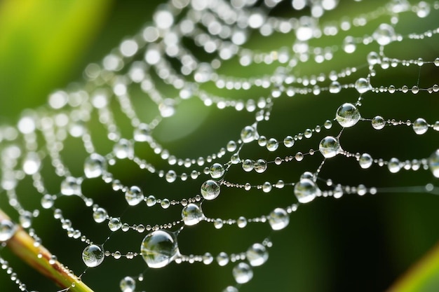 a spider web with water drops on it and some water droplets