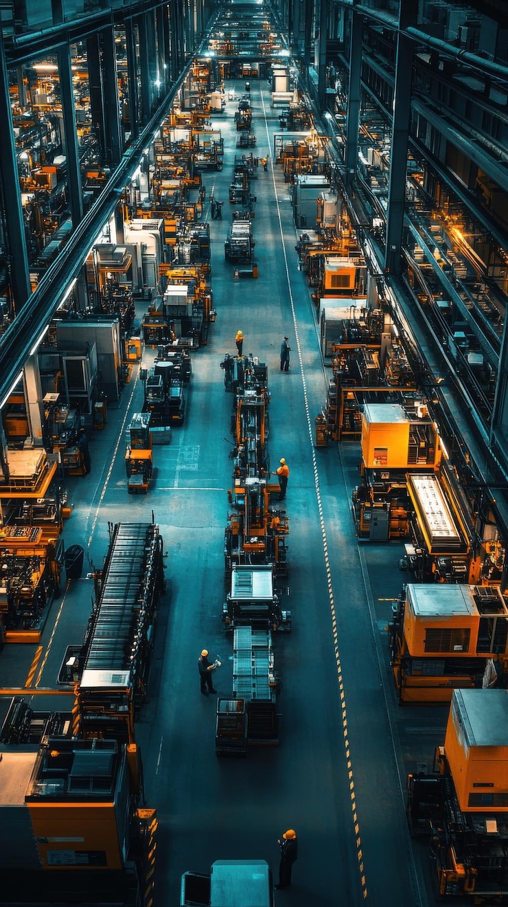 Foto a sprawling factory floor with workers operating advanced machinery highlighting the scale