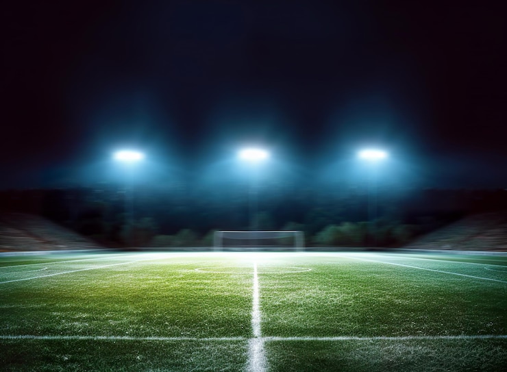 Foto a stadium with a soccer field and lights that says " soccer " on it.