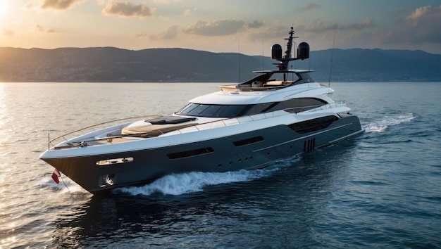 a stunning luxury yacht sailing on tranquil waters at sunset