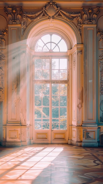A sunlit window in an ornate room with elegant architectural det